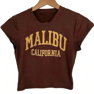 5/20$ Brown Crop T-Shirt with Crew Neck  and Cap Sleeves size small